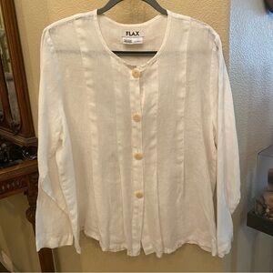 FLAX Women White 100% Linen Lagenlook Buttoned Long Sleeve Top Size Medium